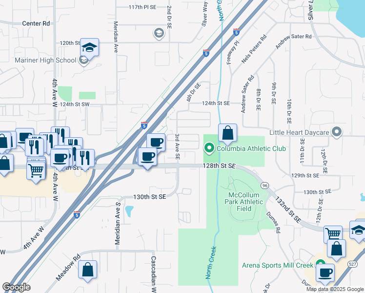 map of restaurants, bars, coffee shops, grocery stores, and more near 309 127th Street Southeast in Everett