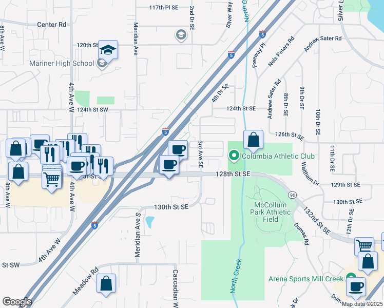map of restaurants, bars, coffee shops, grocery stores, and more near 207 127th Street Southeast in Everett