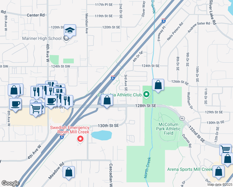 map of restaurants, bars, coffee shops, grocery stores, and more near 207 127th Street Southeast in Everett