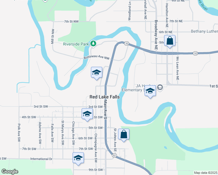 map of restaurants, bars, coffee shops, grocery stores, and more near 3 1st Street East in Red Lake Falls
