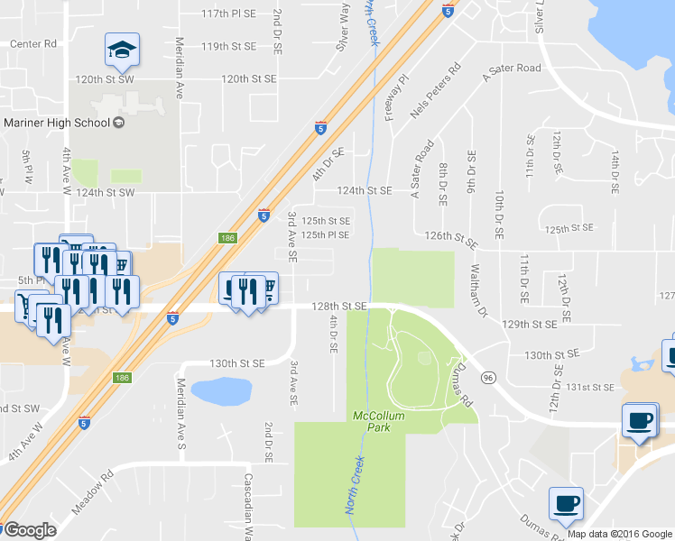 map of restaurants, bars, coffee shops, grocery stores, and more near 12627 4th Drive Southeast in Everett