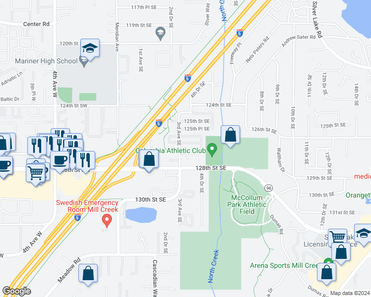 map of restaurants, bars, coffee shops, grocery stores, and more near 309 127th Street Southeast in Everett