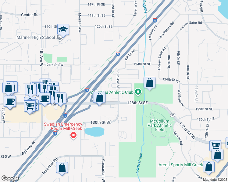 map of restaurants, bars, coffee shops, grocery stores, and more near 207 127th Street Southeast in Everett