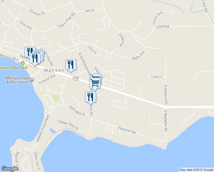map of restaurants, bars, coffee shops, grocery stores, and more near 101 Village Drive in Manson
