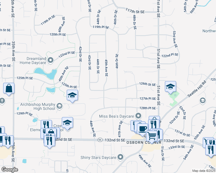 map of restaurants, bars, coffee shops, grocery stores, and more near 4431 126th Street Southeast in Everett