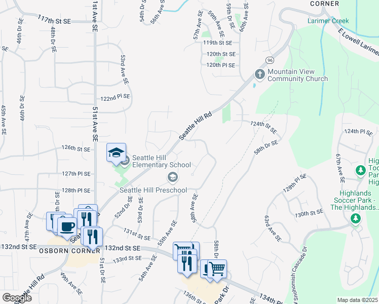 map of restaurants, bars, coffee shops, grocery stores, and more near 12624 57th Drive Southeast in Snohomish