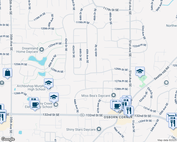 map of restaurants, bars, coffee shops, grocery stores, and more near 4431 126th Street Southeast in Everett