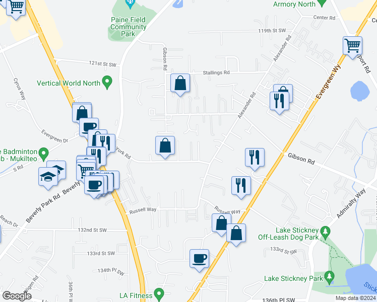 map of restaurants, bars, coffee shops, grocery stores, and more near 12818 28th Place West in Everett