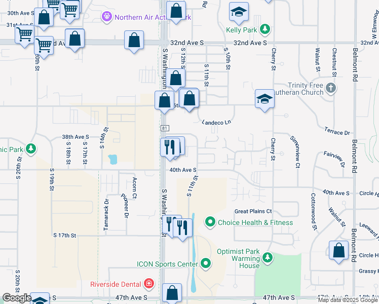 map of restaurants, bars, coffee shops, grocery stores, and more near 3895 South 11th Street in Grand Forks