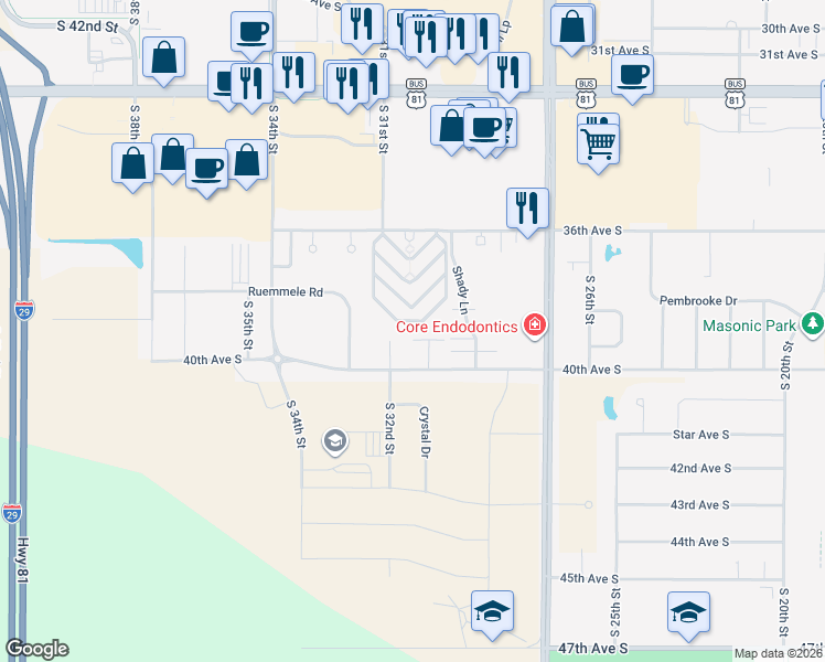 map of restaurants, bars, coffee shops, grocery stores, and more near Dakota Drive in Grand Forks