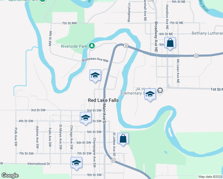 map of restaurants, bars, coffee shops, grocery stores, and more near 3 1st Street East in Red Lake Falls
