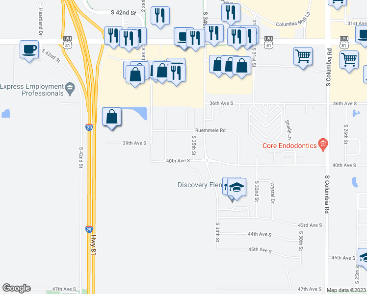 map of restaurants, bars, coffee shops, grocery stores, and more near 3551 Ruemmele Road in Grand Forks