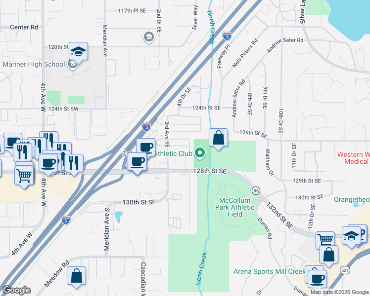 map of restaurants, bars, coffee shops, grocery stores, and more near 12627 4th Drive Southeast in Everett