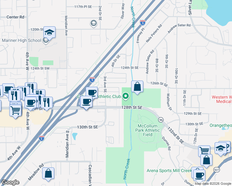 map of restaurants, bars, coffee shops, grocery stores, and more near 12627 4th Drive Southeast in Everett