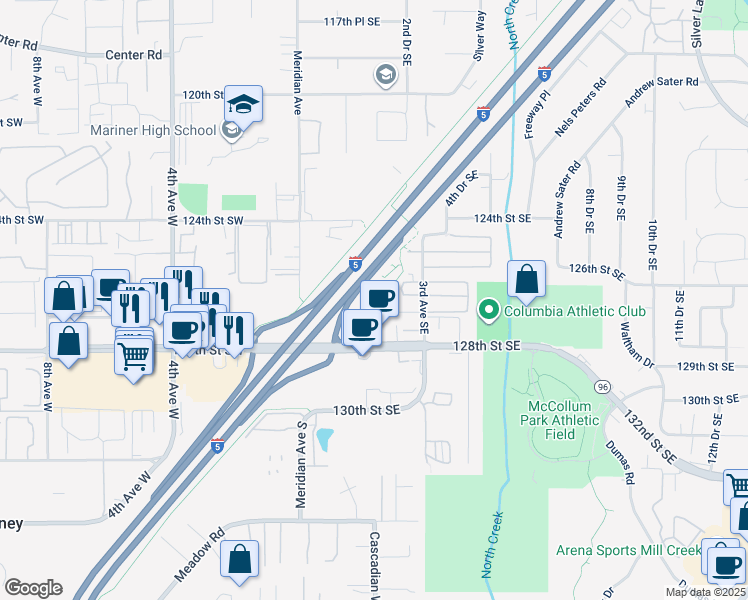 map of restaurants, bars, coffee shops, grocery stores, and more near 128 127th Street Southeast in Everett