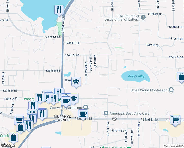 map of restaurants, bars, coffee shops, grocery stores, and more near 12607 23rd Avenue Southeast in Everett