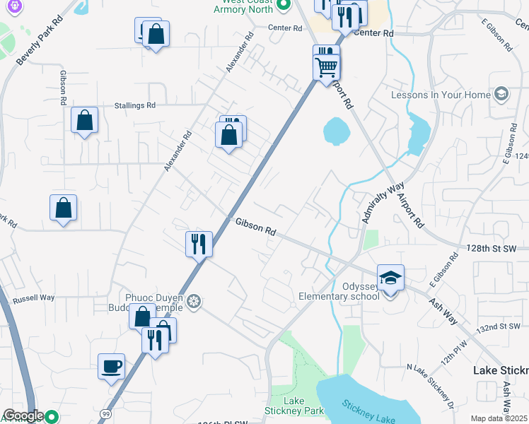 map of restaurants, bars, coffee shops, grocery stores, and more near 2109 Gibson Road in Everett