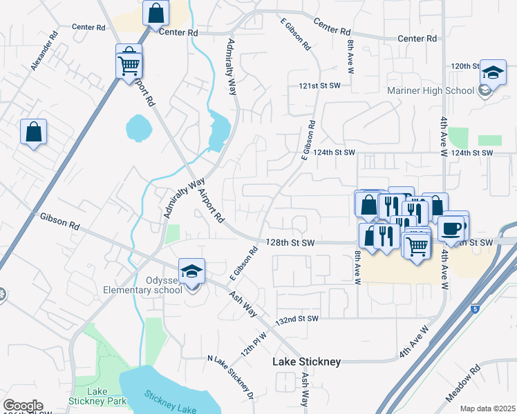 map of restaurants, bars, coffee shops, grocery stores, and more near 12433 Admiralty Way in Everett