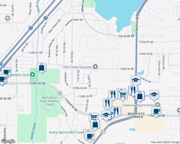map of restaurants, bars, coffee shops, grocery stores, and more near 1233 126th Place Southeast in Everett