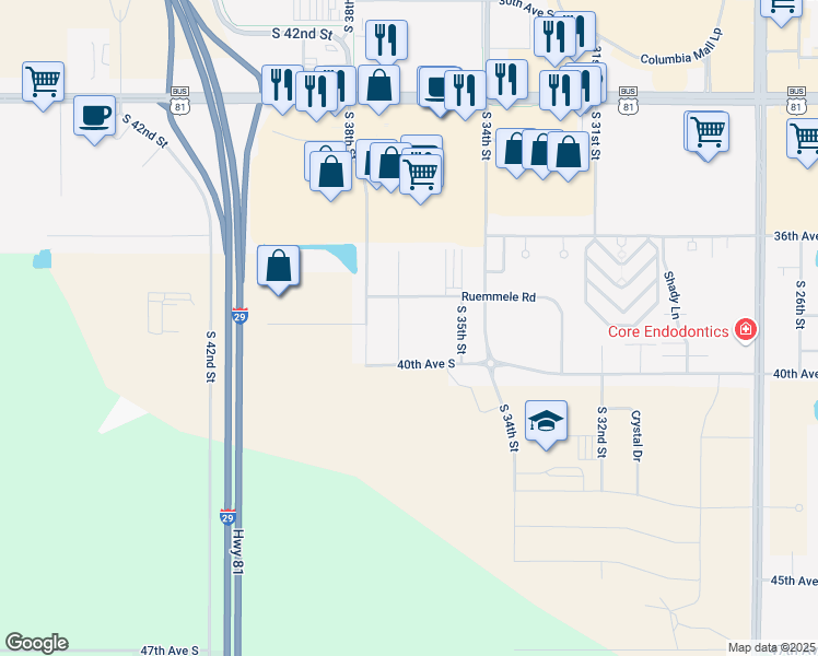 map of restaurants, bars, coffee shops, grocery stores, and more near 3655 Ruemmele Road in Grand Forks