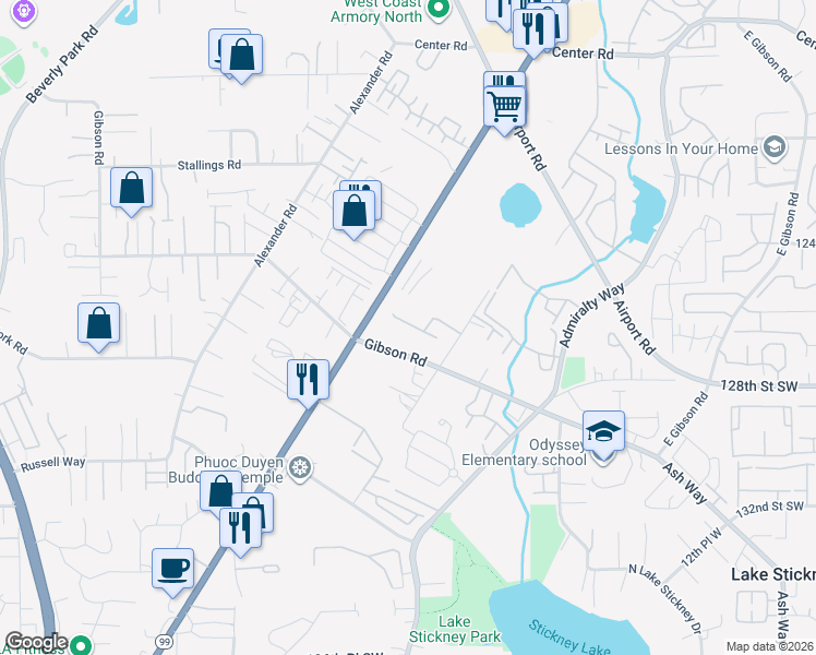 map of restaurants, bars, coffee shops, grocery stores, and more near 2109 Gibson Road in Everett