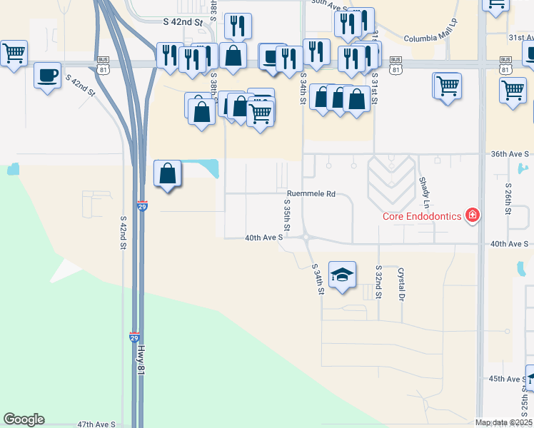 map of restaurants, bars, coffee shops, grocery stores, and more near 3551 Ruemmele Road in Grand Forks