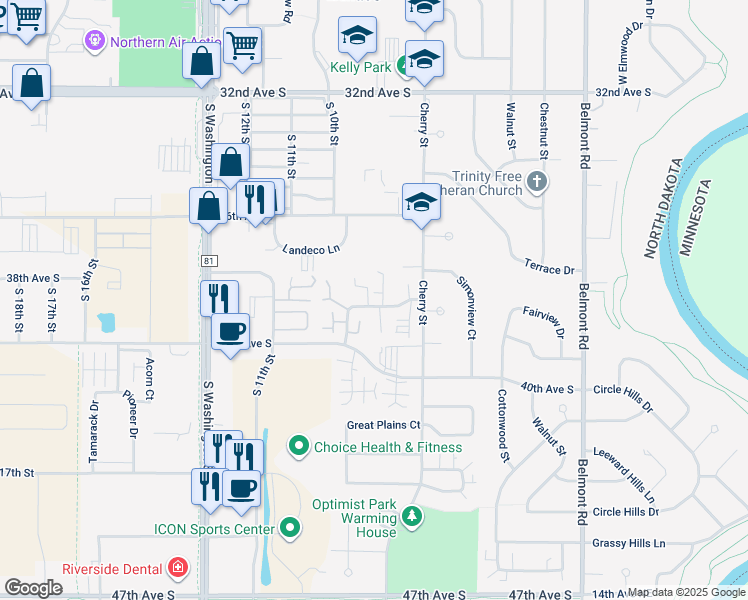 map of restaurants, bars, coffee shops, grocery stores, and more near 3802 Cherry Street in Grand Forks