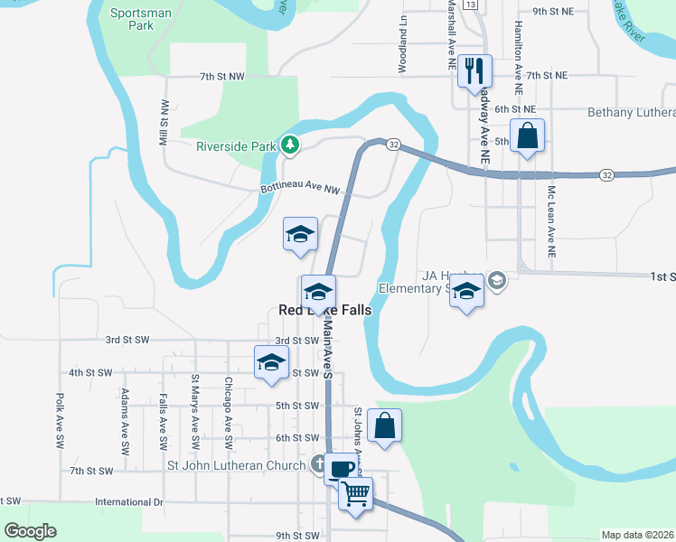 map of restaurants, bars, coffee shops, grocery stores, and more near 3 1st Street East in Red Lake Falls