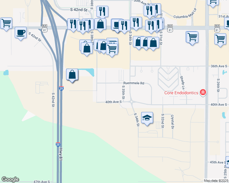 map of restaurants, bars, coffee shops, grocery stores, and more near 3551 Ruemmele Road in Grand Forks