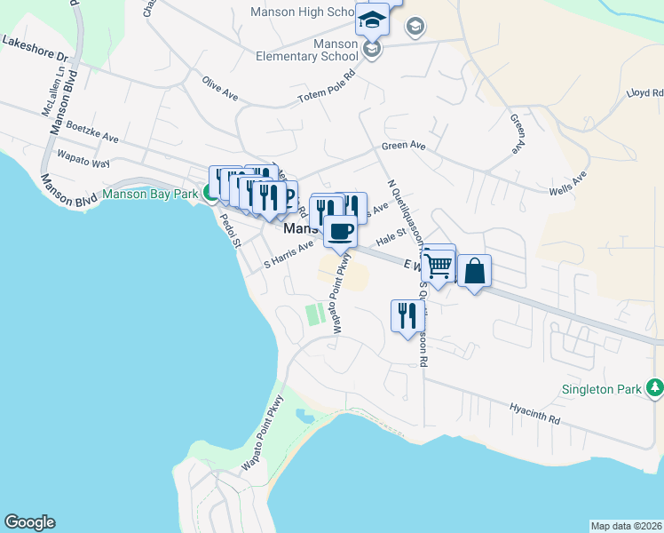 map of restaurants, bars, coffee shops, grocery stores, and more near 168 Wapato Court in Manson