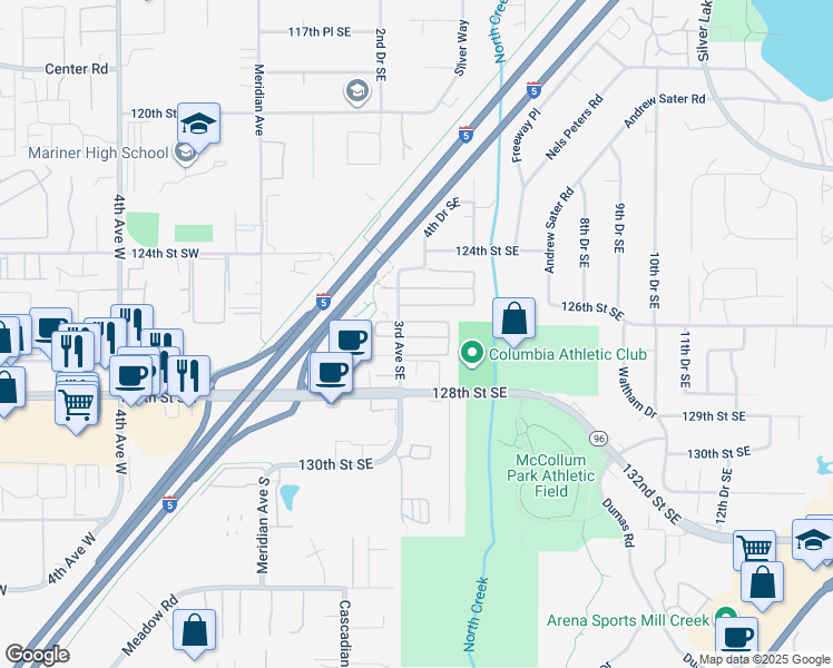map of restaurants, bars, coffee shops, grocery stores, and more near 309 127th Street Southeast in Everett