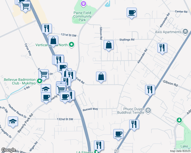 map of restaurants, bars, coffee shops, grocery stores, and more near 3107 York Road in Everett