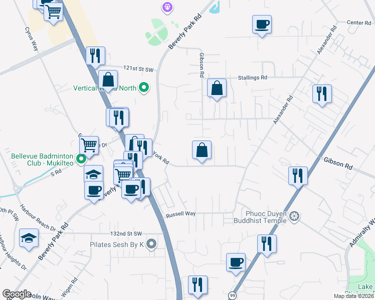 map of restaurants, bars, coffee shops, grocery stores, and more near 3107 York Road in Everett