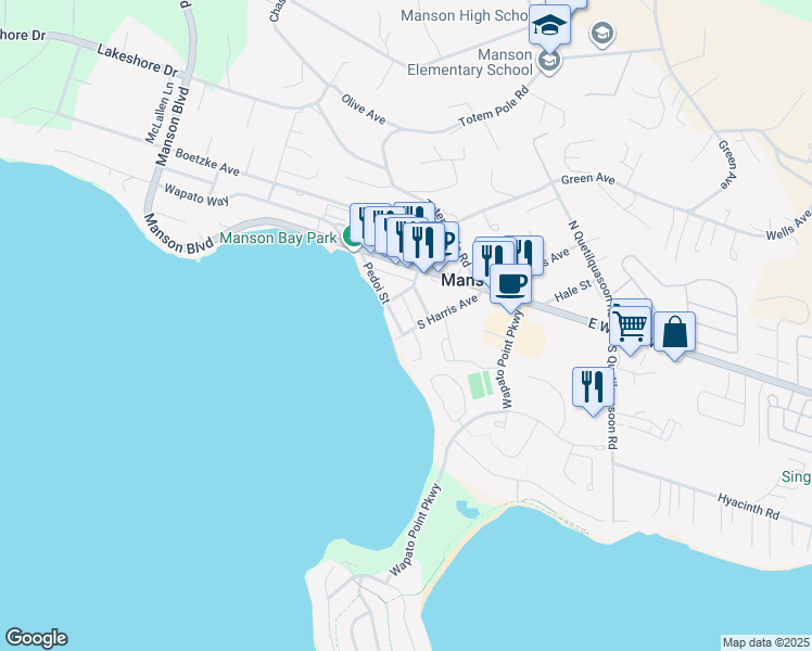 map of restaurants, bars, coffee shops, grocery stores, and more near 250 South Harris Avenue in Manson