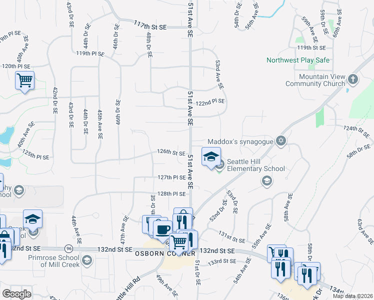 map of restaurants, bars, coffee shops, grocery stores, and more near 12611 50th Drive Southeast in Everett