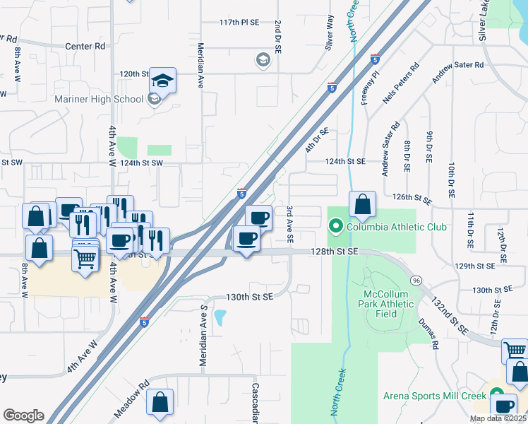 map of restaurants, bars, coffee shops, grocery stores, and more near 128 127th Street Southeast in Everett