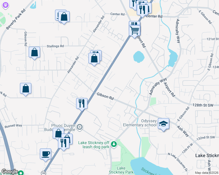 map of restaurants, bars, coffee shops, grocery stores, and more near 2109 Gibson Road in Everett