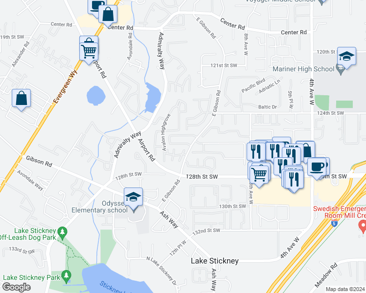 map of restaurants, bars, coffee shops, grocery stores, and more near 1214 126th Street Southwest in Everett