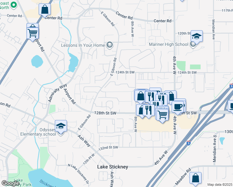 map of restaurants, bars, coffee shops, grocery stores, and more near 12605 East Gibson Road in Everett