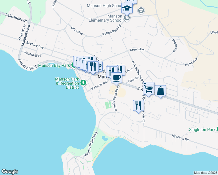 map of restaurants, bars, coffee shops, grocery stores, and more near 168 Wapato Court in Manson