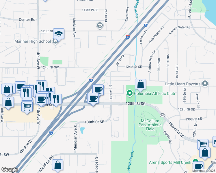 map of restaurants, bars, coffee shops, grocery stores, and more near 207 127th Street Southeast in Everett