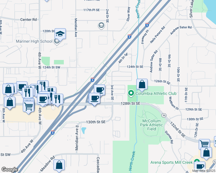 map of restaurants, bars, coffee shops, grocery stores, and more near 207 127th Street Southeast in Everett