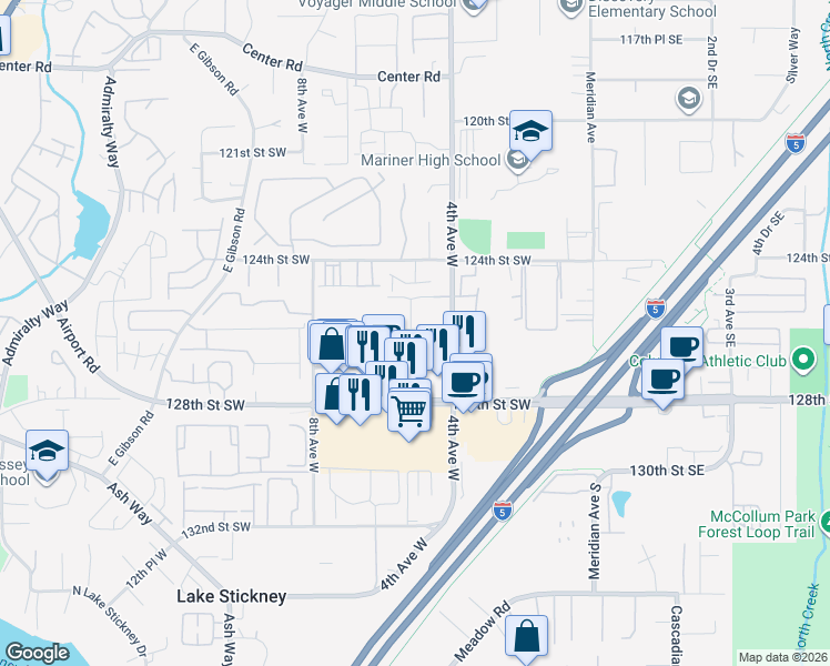 map of restaurants, bars, coffee shops, grocery stores, and more near 12600 4th Avenue West in Everett