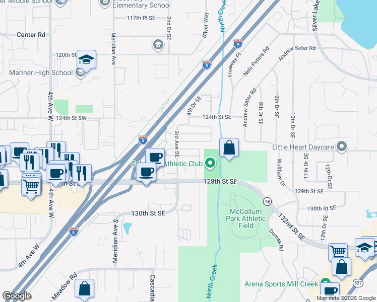 map of restaurants, bars, coffee shops, grocery stores, and more near 309 127th Street Southeast in Everett