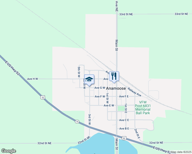 map of restaurants, bars, coffee shops, grocery stores, and more near Avenue I West in Anamoose