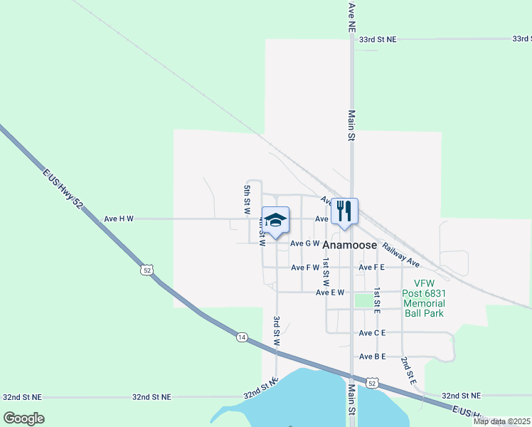 map of restaurants, bars, coffee shops, grocery stores, and more near 807 4th Street West in Anamoose