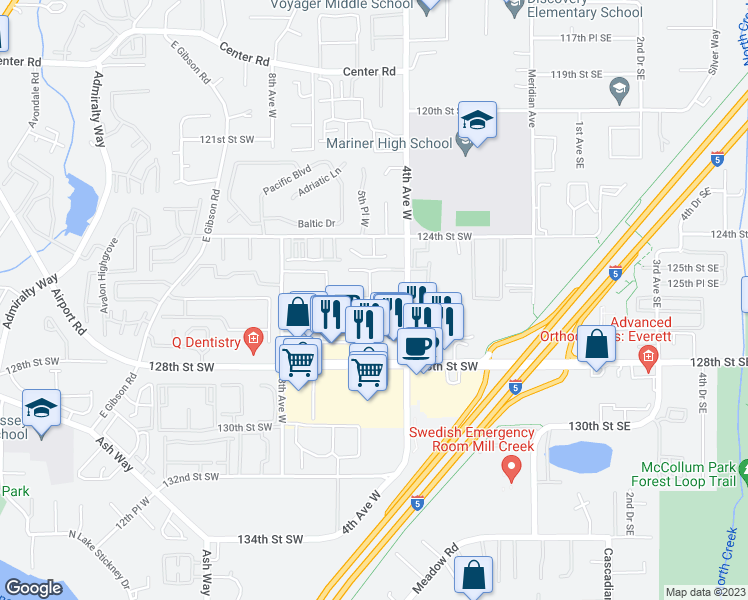 map of restaurants, bars, coffee shops, grocery stores, and more near 420 124th Place Southwest in Everett