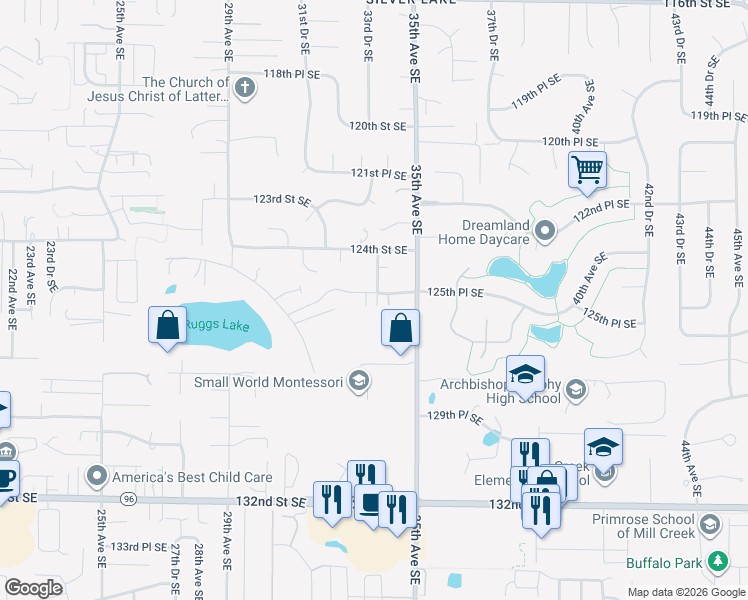 map of restaurants, bars, coffee shops, grocery stores, and more near 12424 34th Avenue Southeast in Everett