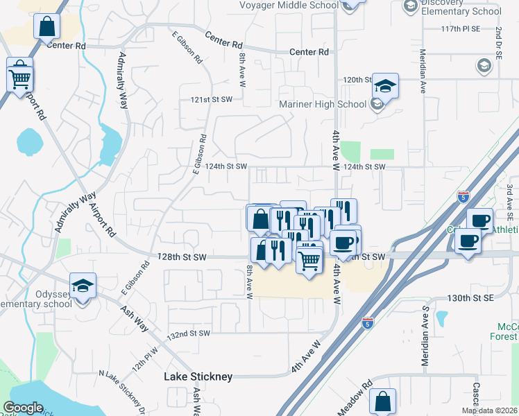 map of restaurants, bars, coffee shops, grocery stores, and more near 12601 8th Avenue West in Everett