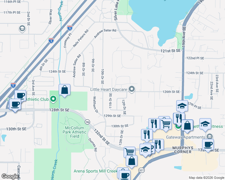 map of restaurants, bars, coffee shops, grocery stores, and more near 1107 126th Street Southeast in Everett